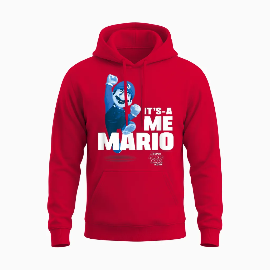 The Super Mario Bros. Movie It's-A Me Mario Portrait T-Shirt, Blue Unisex Hoodie in Red