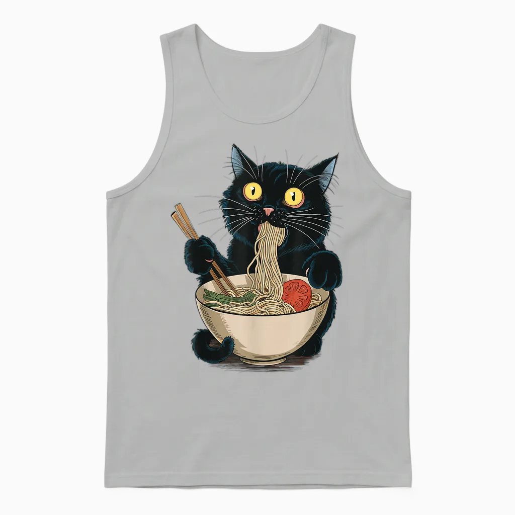 Funny Japanese Cat Eating Ramen Vintage Japanese Noodles Unisex Tank Top in Ash