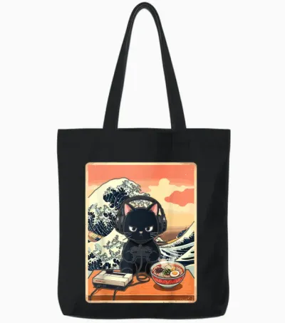 Retro Gamer Cat with Ramen Great Wave for Anime Fans Tote Bags - Black