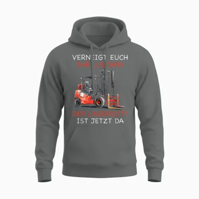 Men's T-Shirt with German Text "lagergott Ist Da Stapler Lagerist" [german Language], Black Unisex Hoodie - Graphite Heather