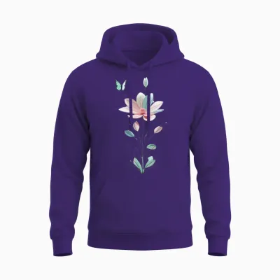 T-Shirt Unisexe Pour Homme Et Femme Avec Motif Fleur Et Papillon Manche Longue Unisex Hoodie - Purple