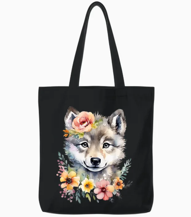 Cute Wolf Wolf Cub Wolf Motif Wolf Baby Cute Animal T-Shirt, White Tote Bags in Black
