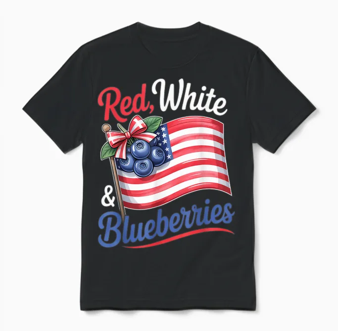 Red White & Blueberries Coquette Flag Bow Unisex T-Shirt in Black