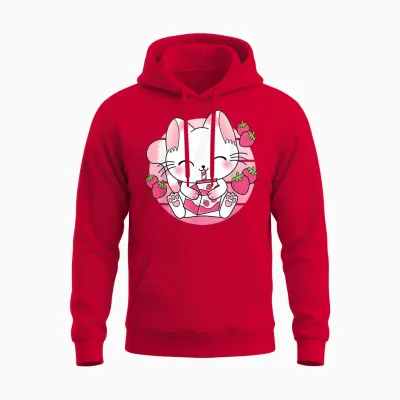 Süße Japanische Anime Kawaii Erdbeermilch Katze Manga Otaku Unisex Hoodie - Red