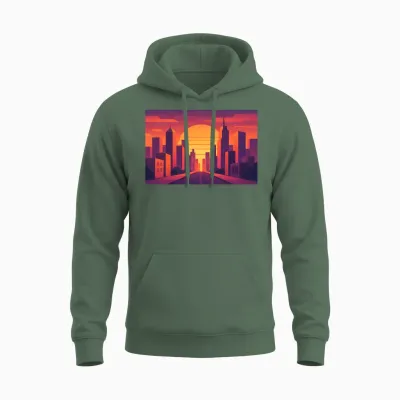 Sunset in Retro City Unisex Hoodie - Military Green