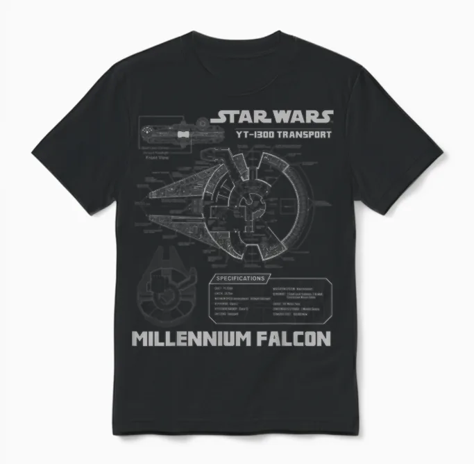 Star Wars Millennium Falcon Grey Schematics Graphic Unisex T-Shirt in Black