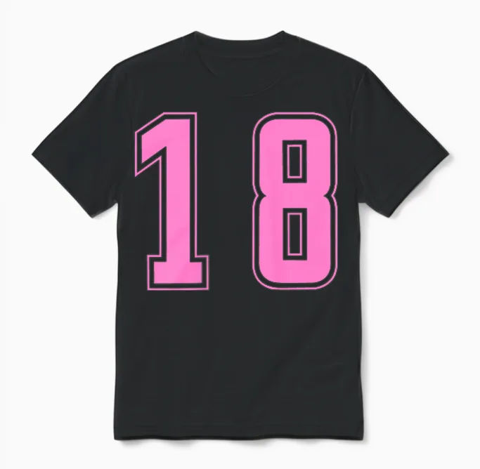 Pink Number 18 Team Junior Sports Uniform Numbered Unisex T-Shirt in Black