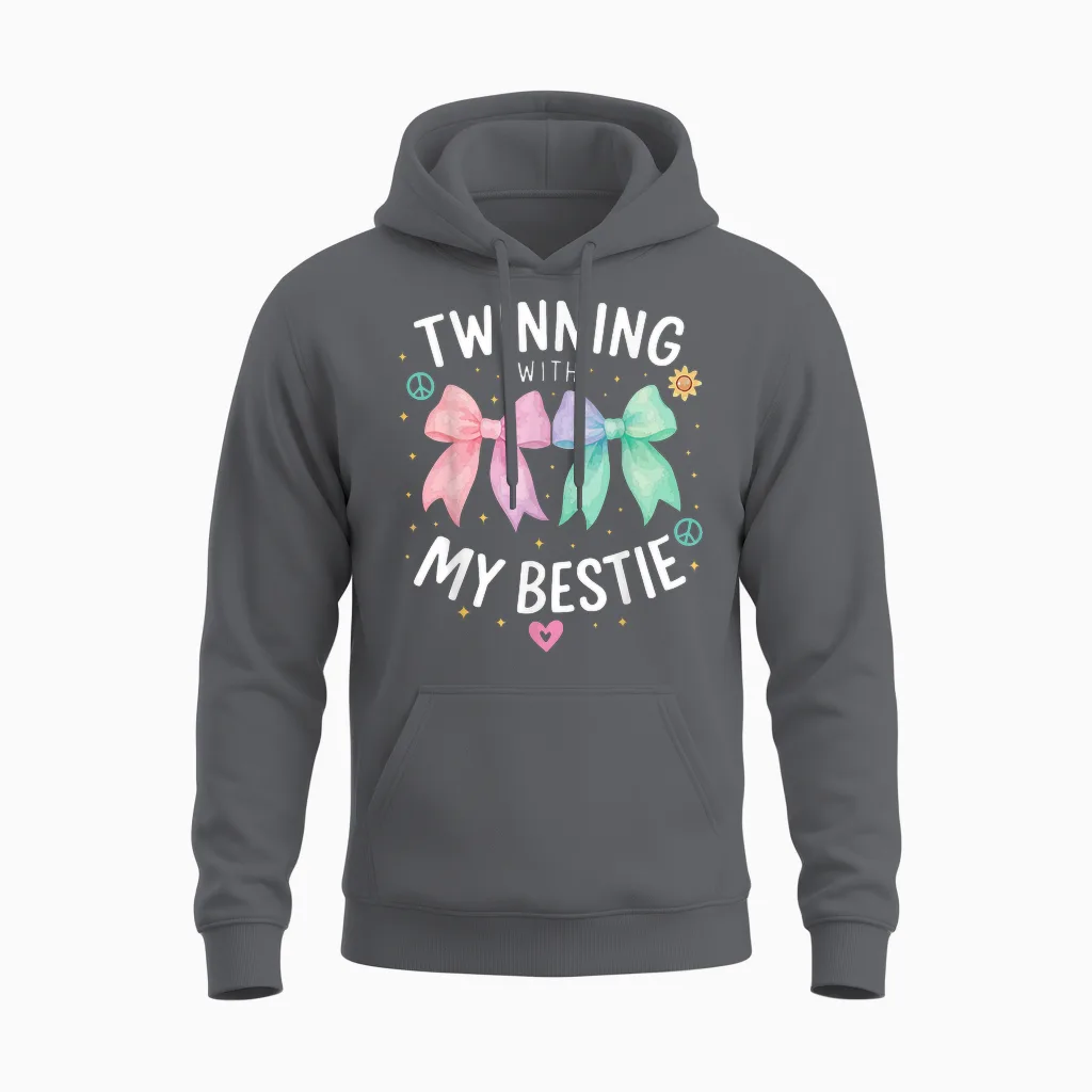 Twinning with My Bestie, Spirit Week Girls Kids Twin Day Bow Unisex Hoodie in Charcoal