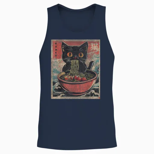 Anime Shirt for Men Women Kids Cat Ramen Noodles Unisex Anime Cat Ramen Japanese Funny Graphic Tees Kawaii Cat Anime Gifts T-Shirt Black Xs Unisex Tank Top - Navy