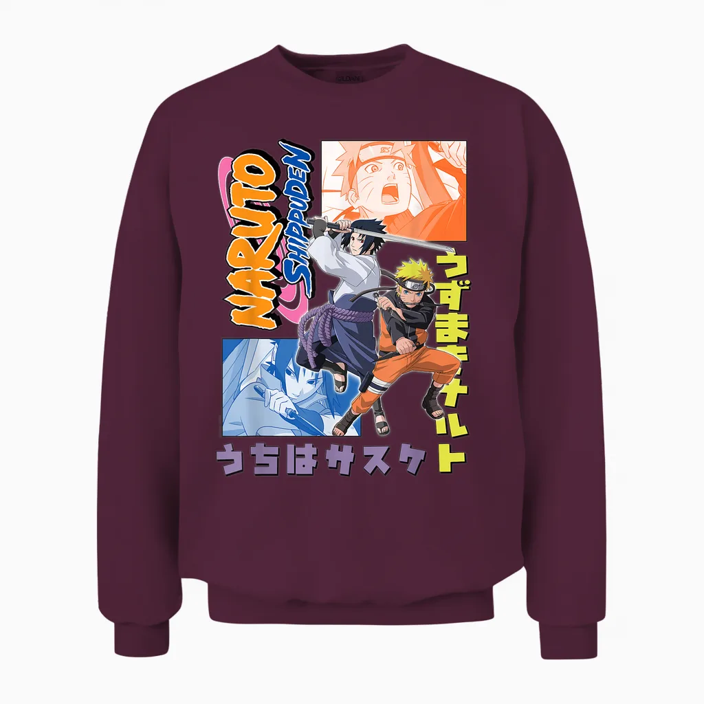 Naruto Shippuden Naruto Sasuke Kanji Collage Anime Unisex Sweatshirt in Maroon