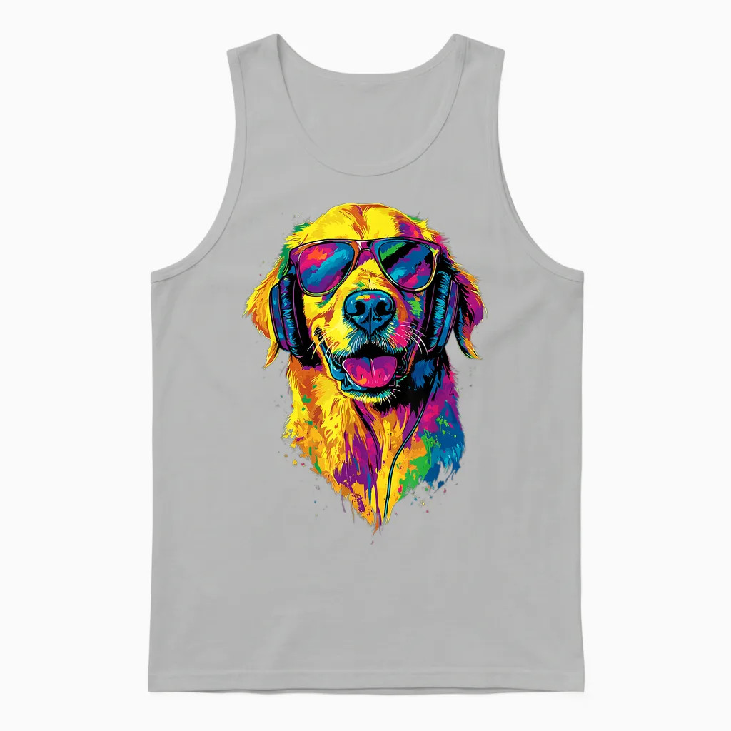 Golden Retriever with Sunglasses I Love Dogs T-Shirt, Black, S Unisex Tank Top in Ash