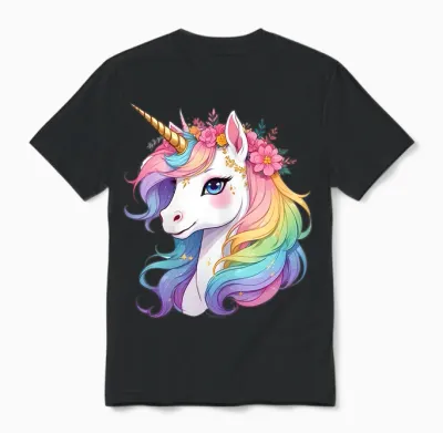 Cute Unicorn with Rainbow Flowers Mane Unicorn Unisex T-Shirt - Black