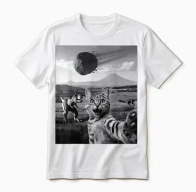 Drôle Chat Selfie Dinosaure Météore Astéroïde Curieux T-Rex Unisex T-Shirt - White