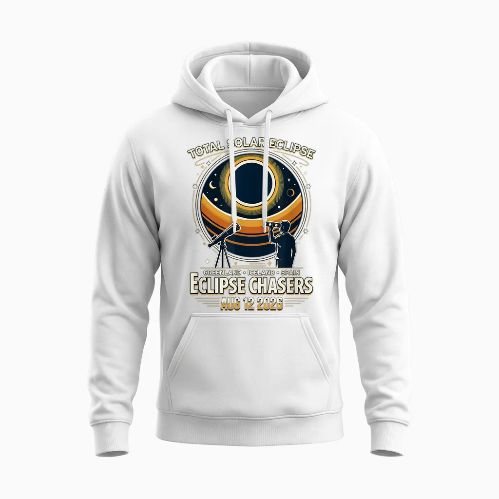 Eclipse Chaser éclipse Solaire 2026 Islande Espagne Unisex Hoodie in White