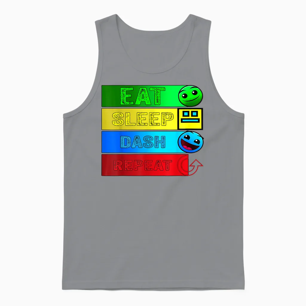 Eat Sleep Dash Repeat Video Game Geometry Video Gamer T-Shirt, Black Unisex Tank Top in Sport Grey
