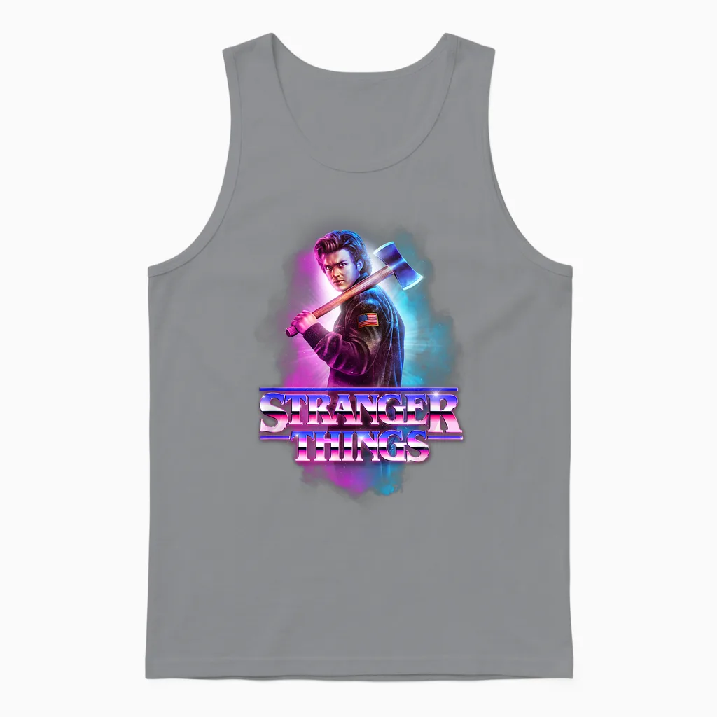 Stranger Things Steve Harrington Metal Burst T-Shirt, Black, S Unisex Tank Top in Sport Grey