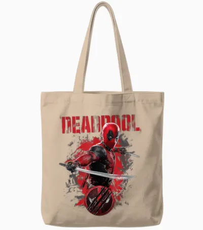Marvel Deadpool & Wolverine Distressed Red Stamp Hero Logo T-Shirt, Black, S Tote Bags - Natural