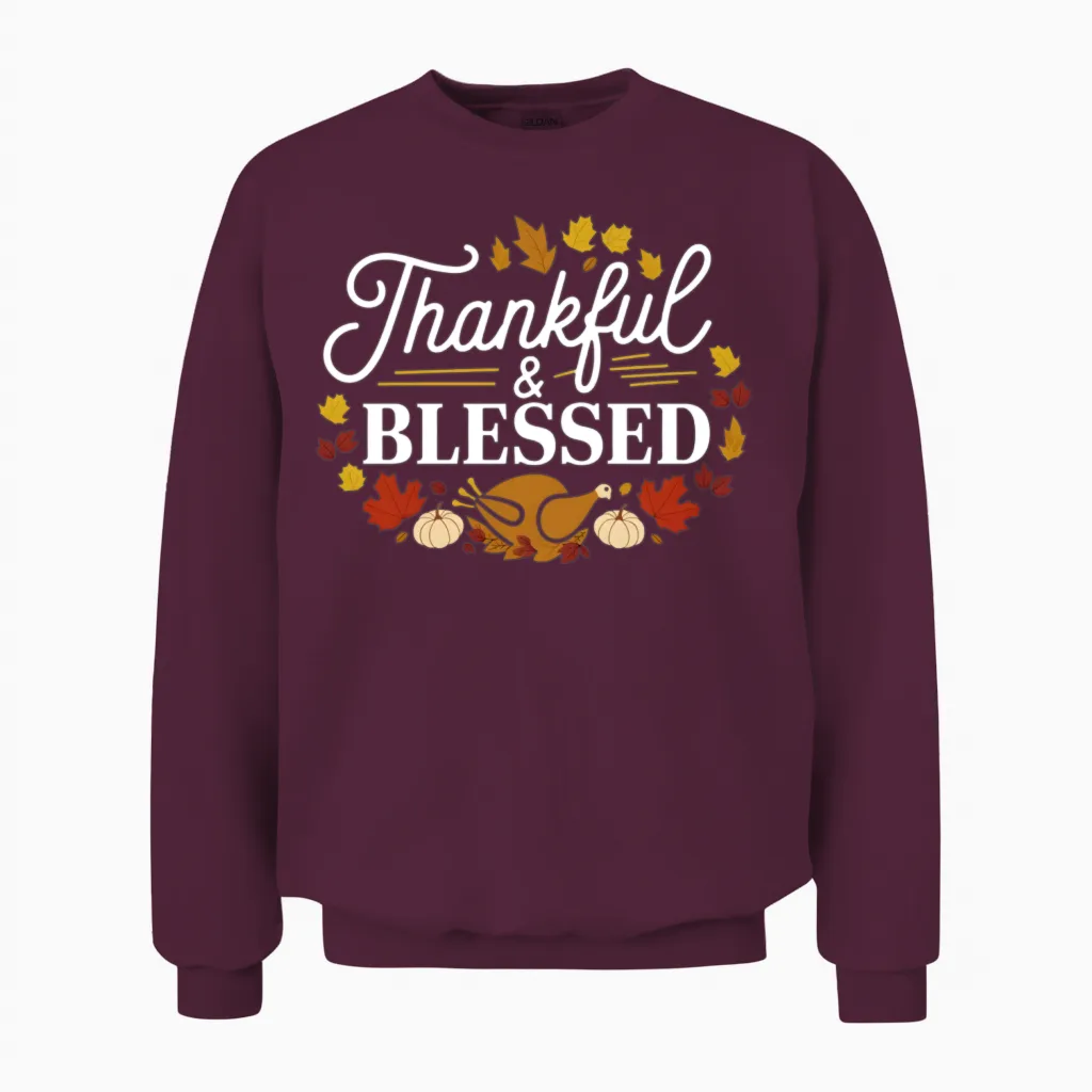 Thanksgiving Funny Thanksgiving Thankfiul Blessed Unisex Sweatshirt in Maroon