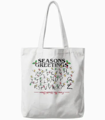 Stranger Things Christmas Greetings Upside Down Distressed Tote Bags - White