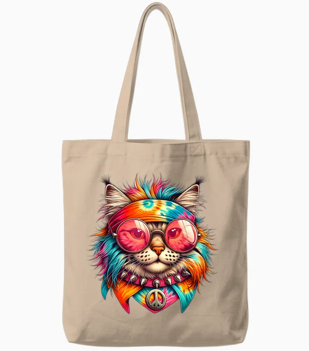 Psychedelic Cat Peace Colorful Hippie Retro Groovy Vibes T-Shirt, Black, S Tote Bags in Natural