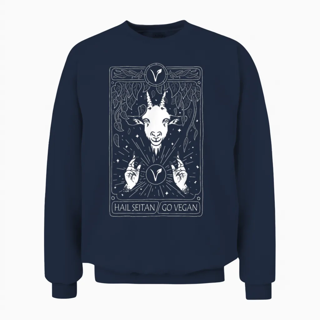Hail Seitan Go Vegan Funny Tarot Card Design for Vegan T-Shirt, Black Unisex Sweatshirt in Navy