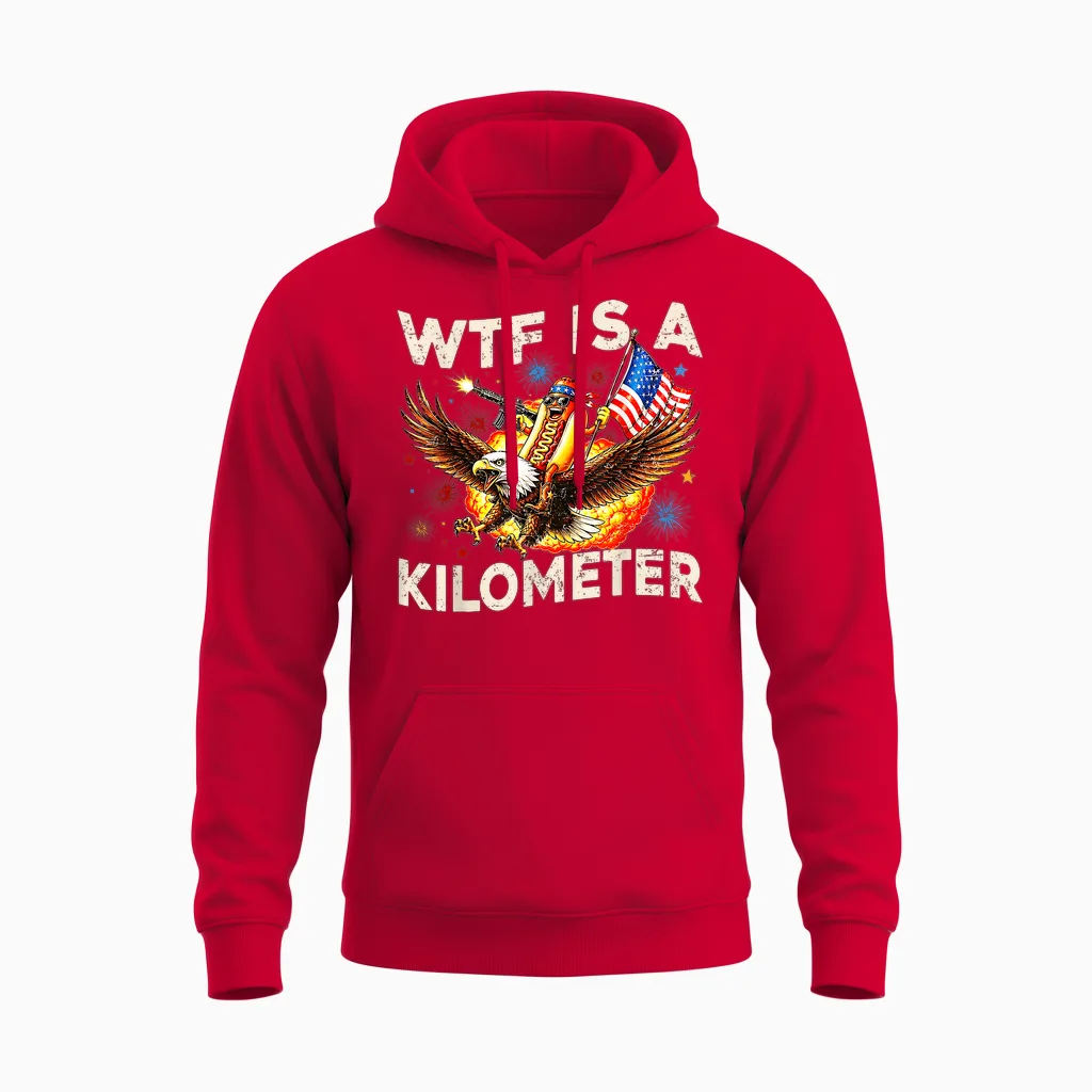 Wtf Is a Kilometer Funny Hot Dog Riding Eagle 4th of July Unisex Hoodie in Red