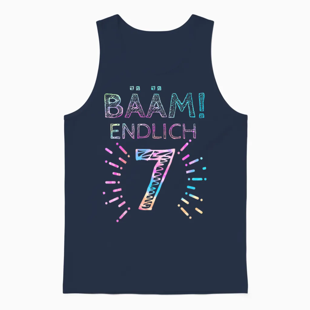 T-Shirt with German Text "kinder Bääm! Endlich 7 Jahre 7th Birthday Seven Seventh Girl" T-Shirt, Black Unisex Tank Top in Navy