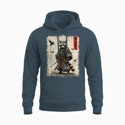 Samurai Raccoon, Japanese Warrior Art | Vintage Anime T-Shirt, Black, S Unisex Hoodie - Dark Heather