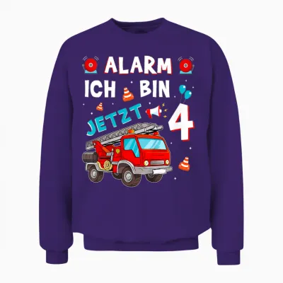 Children's 4th Birthday Boy Girl Fire Brigade Gifts Fire Engine T-Shirt, Black Unisex Sweatshirt - Purple