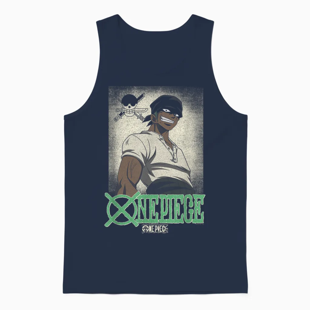 One Piece Anime Vintage Illustration Roronoa Zoro Unisex Tank Top in Navy