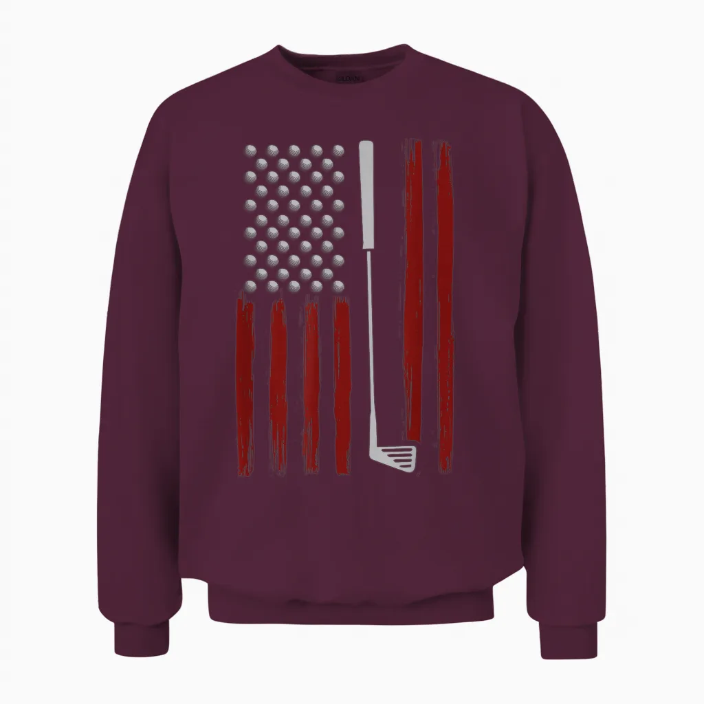 Retro American Flag Golf Golfer Funny Golf Club Golfing Unisex Sweatshirt in Maroon