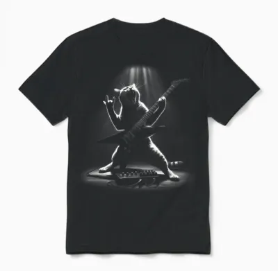 Metalhead Cat Playing Heavy Metal Electric Guitar Cats Rock T-Shirt, Black Unisex T-Shirt - Black