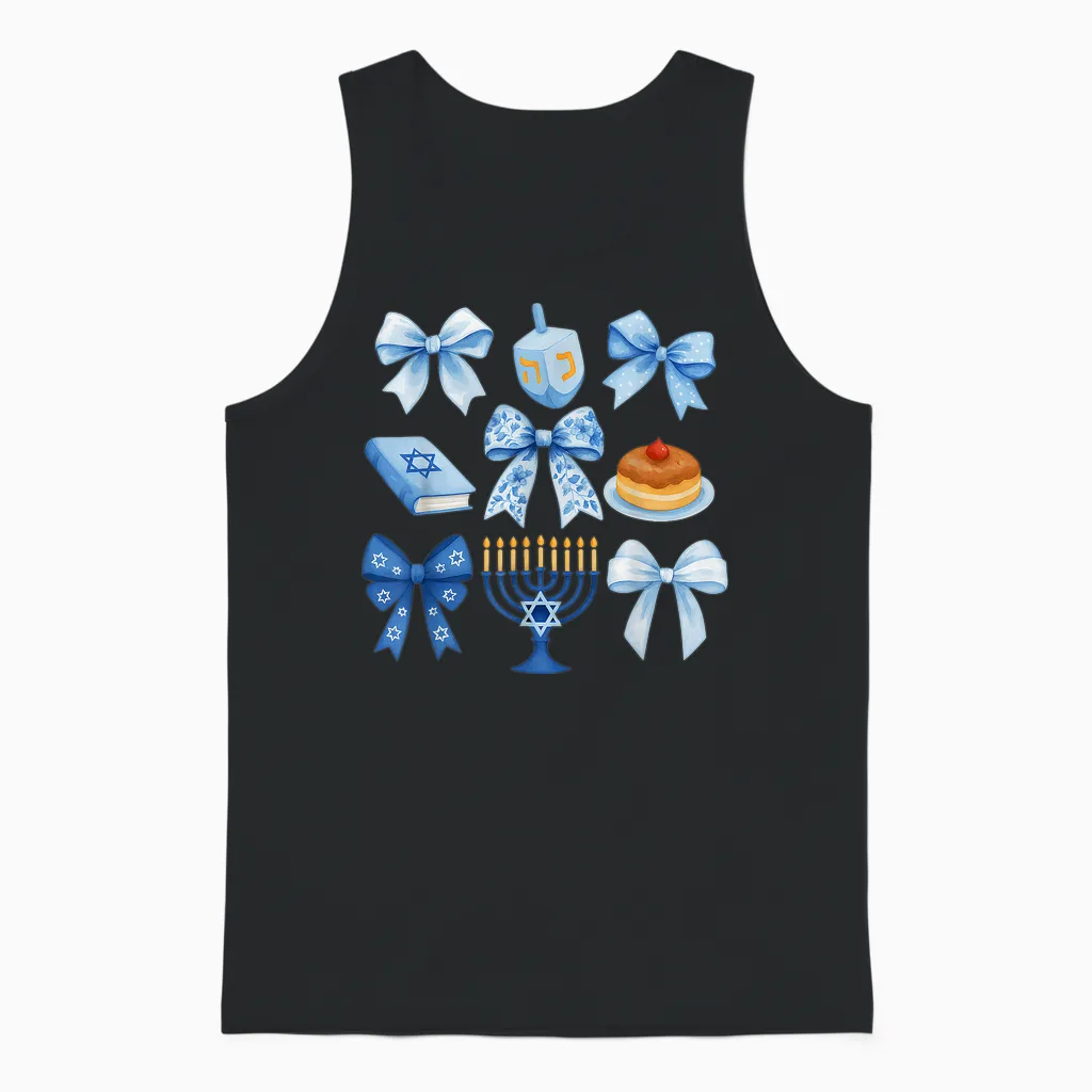Girls Hanukkah Coquette Bow Dreidel Jewish Menorah Chanukah Unisex Tank Top in Black
