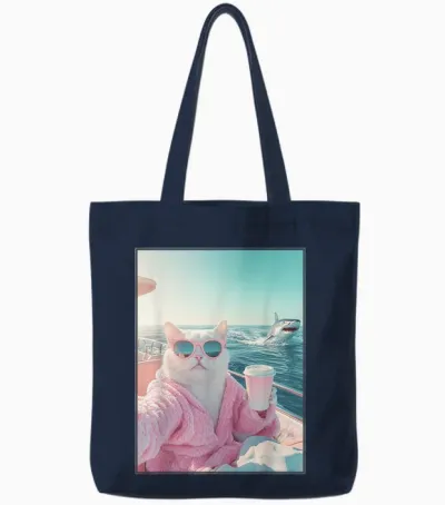 Relaxed Cat on Yacht Boat and Shark Funny Cat Meme Tote Bags - Navy