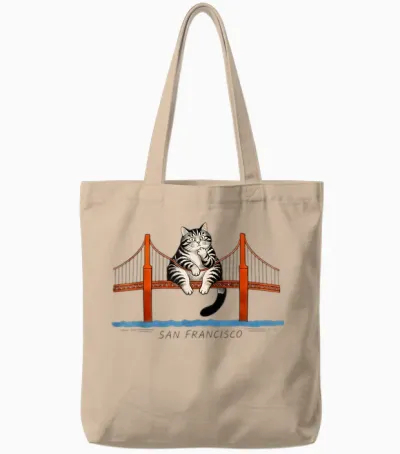 San Francisco Cat T-Shirt Golden Gate Bridge Lesebücher Tote Bags - Natural