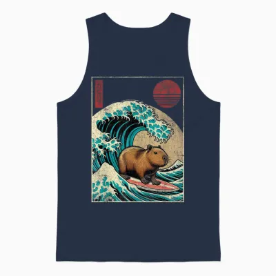 Capybara Japanese Kanagawa Wave Funny Surf Animal Capybara T-Shirt, Black Unisex Tank Top - Navy