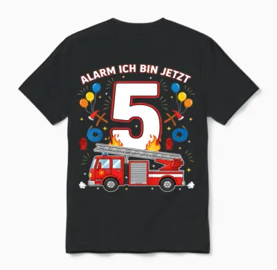 Alarm Ich Bin Jetzt 5 Feuerwehr Auto Kinder Geburtstag Unisex T-Shirt - Black