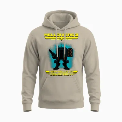 Helldivers 2 Sony Playstation Video Game Say Hello Democracy T-Shirt, Blue, S Unisex Hoodie - Sand
