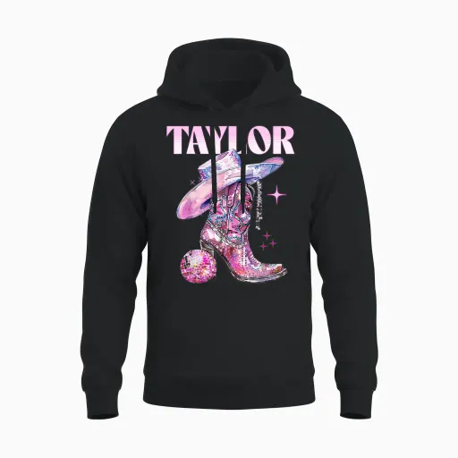 Taylor Outfit Disco Pink Cowgirl Shirt Women's Teen Girls Name T-Shirt, Black Unisex Hoodie - Black
