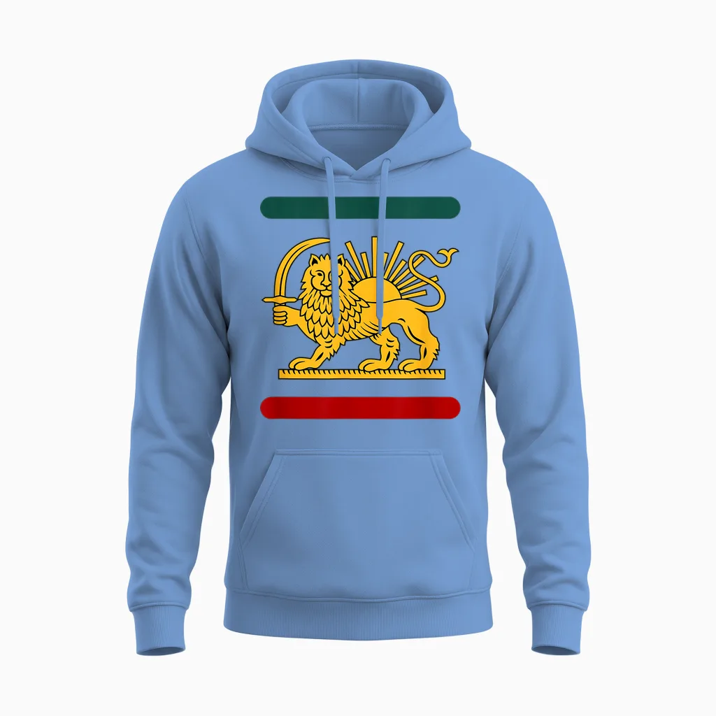 Lion and Sun Iran Flag Shir O Khorshid Revolution Pahlvi Unisex Hoodie in Carolina Blue