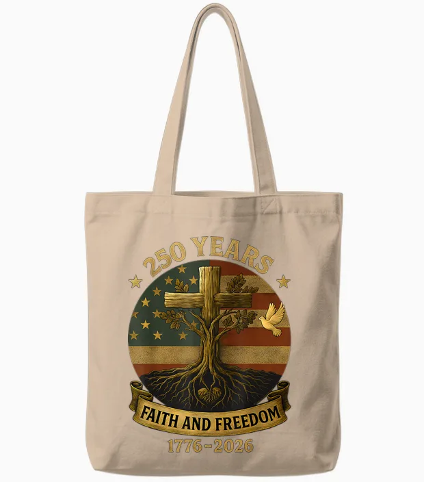 Flag Cross Tree 250 Years Faith and Freedom 1776-2026 Tote Bags in Natural