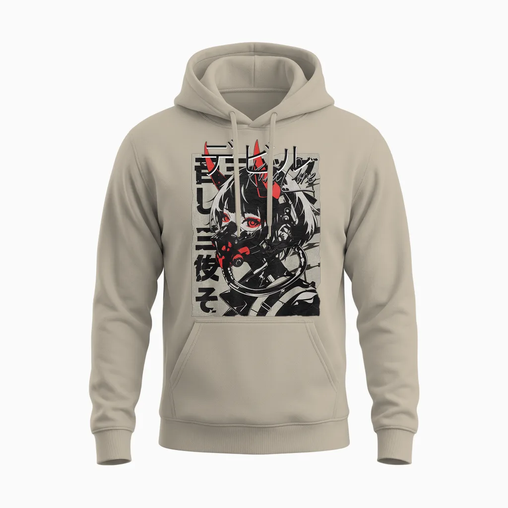 Anime Manga Streetwear Cyberpunk Aesthetic Techwear Harajuku T-Shirt, Black Unisex Hoodie in Sand