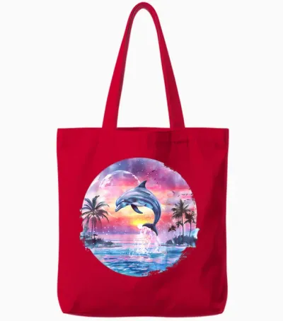 Sea Ocean Animal Art Delfin Sonnenuntergang Meer Ozean Tierliebhaber Ozean Meer Delfin T-Shirt Schwarz S Eu 38-40 Tote Bags - Red