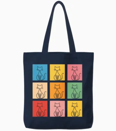 Colorful Cat Line Art Grid Tote Bags - Navy