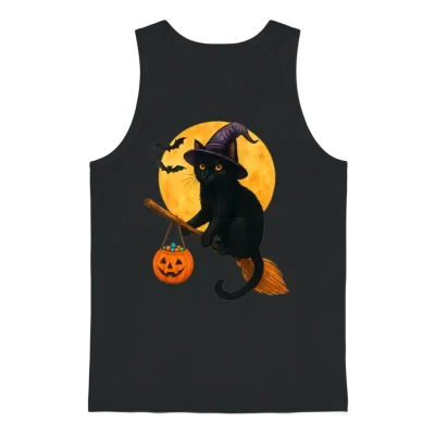 Cat Witch Hat Pumpkin Halloween Unisex Tank Top - Black