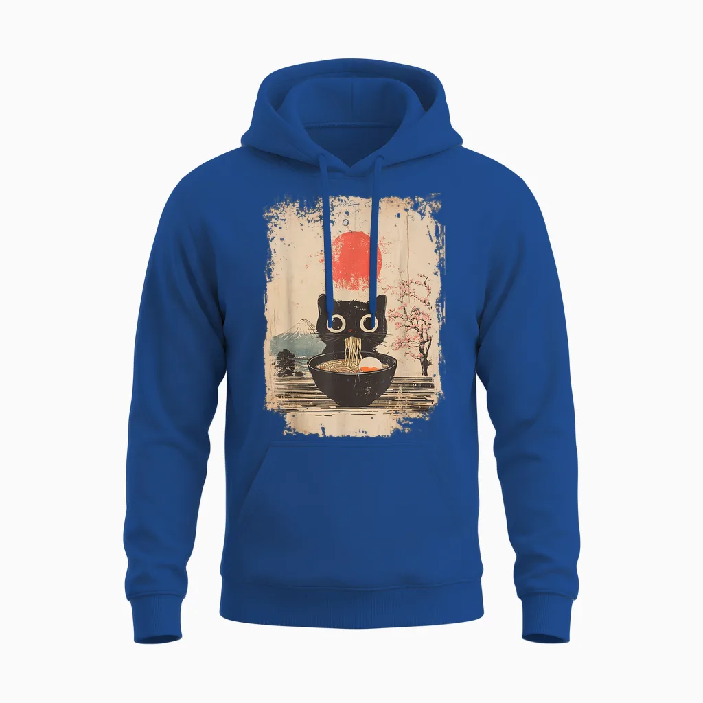 Lustige Kawaii Schwarze Katze Isst Ramen Nudeln Schüssel Unisex Hoodie in Royal