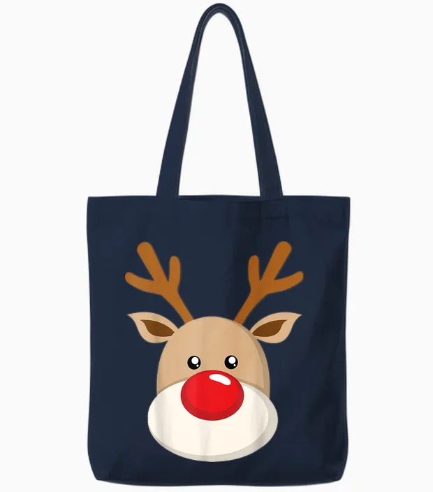 Cute Reindeer Rudolph Red Nose Christmas Antlers Tote Bags in Navy