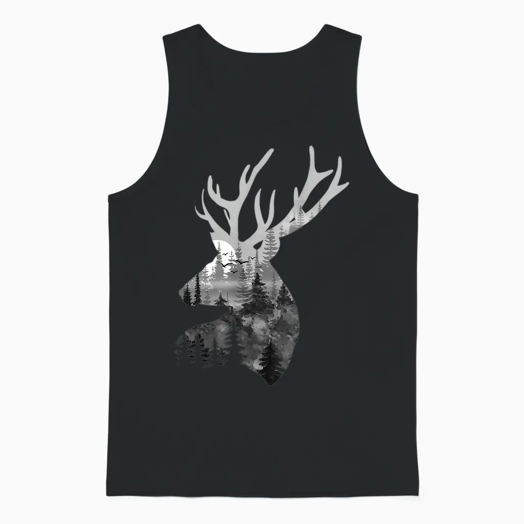 Silhouette Buck Deer Artwork - Forest Wildlife Animal Lover Unisex Tank Top in Black