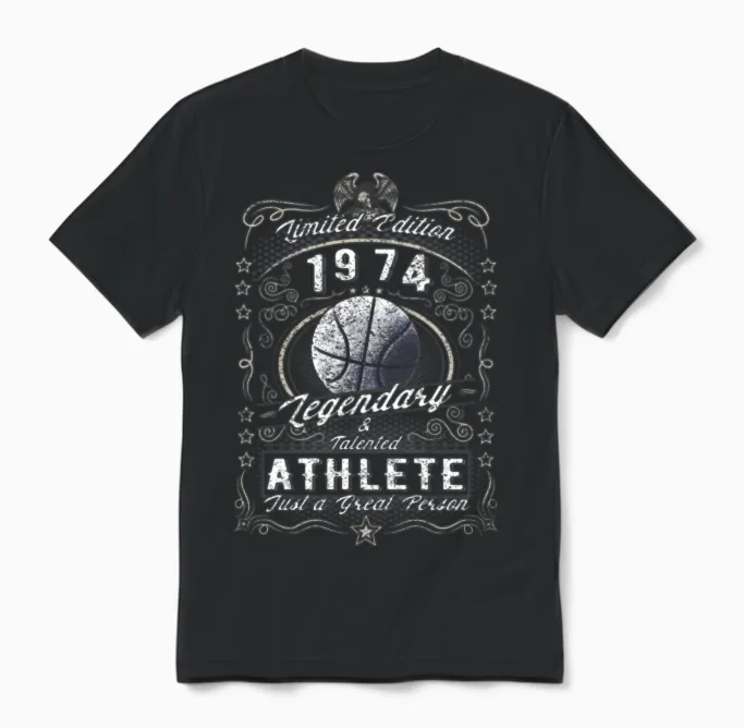 Vintage 1974 Basketball Birthday Gift Sport Hobby Unisex T-Shirt in Black