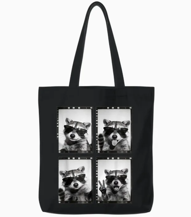 Lustiger Waschbär Photobooth Retro Film Strip Sonnenbrille Meme Tote Bags in Black